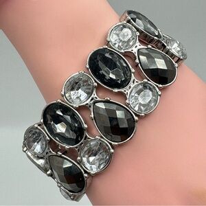 Stretch Silver Tone Black & Clear Crystal Statement Bracelet